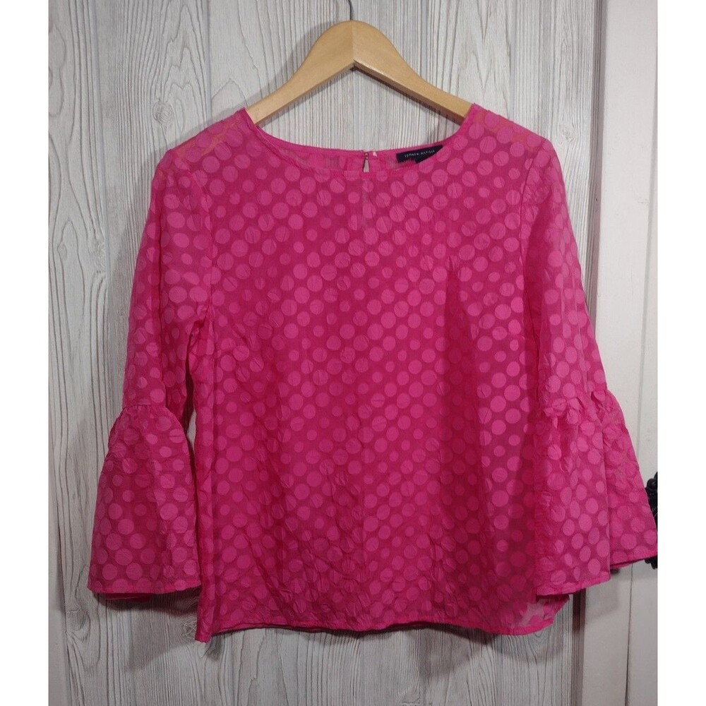 Tommy Hilfiger Blouse Women's Pink Top Small Petite Sheer Polka Dot Bell Sleeve